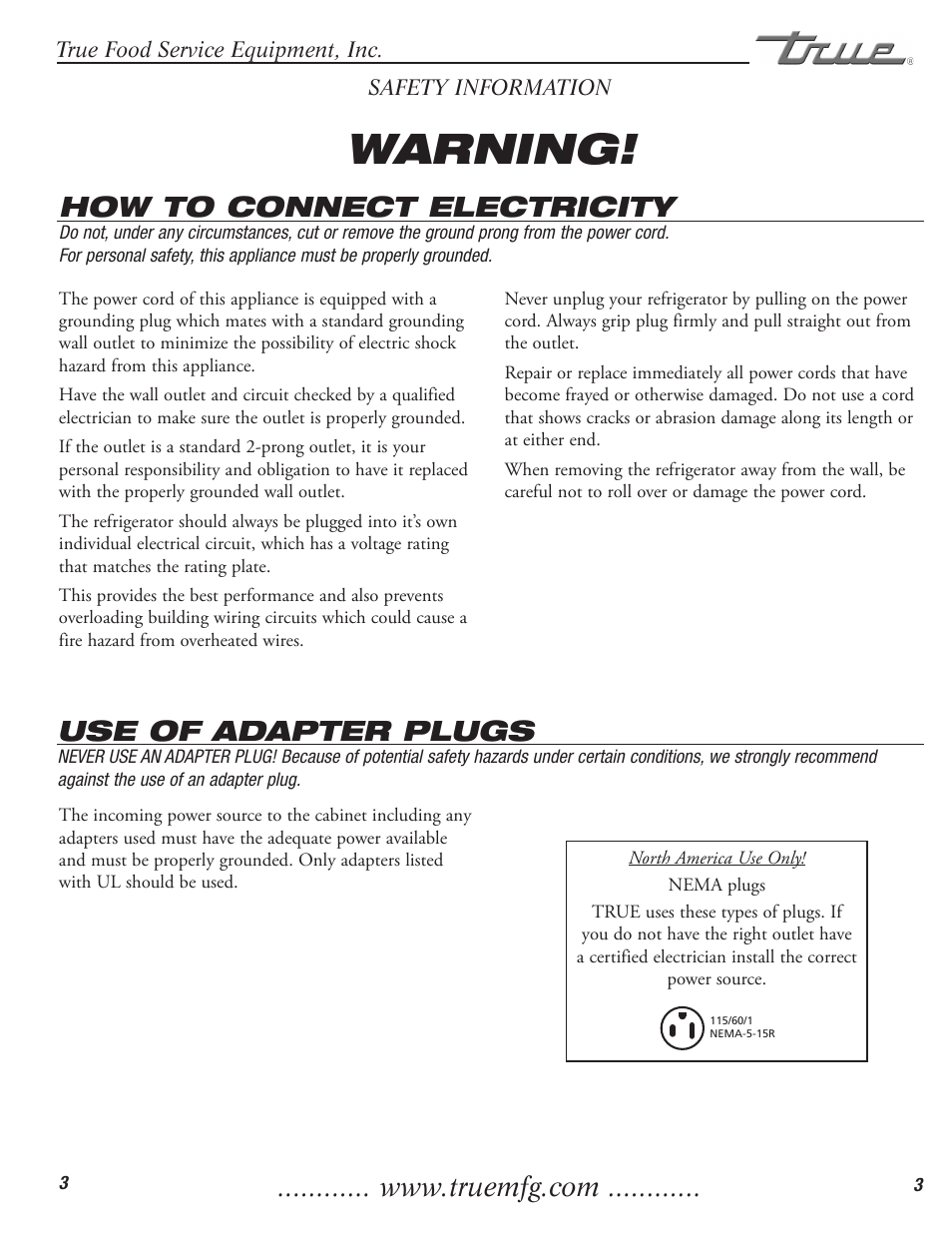 Warning, How to connect electricity, Use of adapter plugs | True Manufacturing Company GDM-3 User Manual | Page 4 / 12