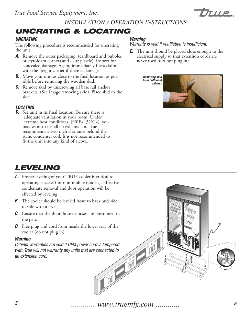 Leveling, Uncrating & locating | True Manufacturing Company GDM-3 User Manual | Page 6 / 12