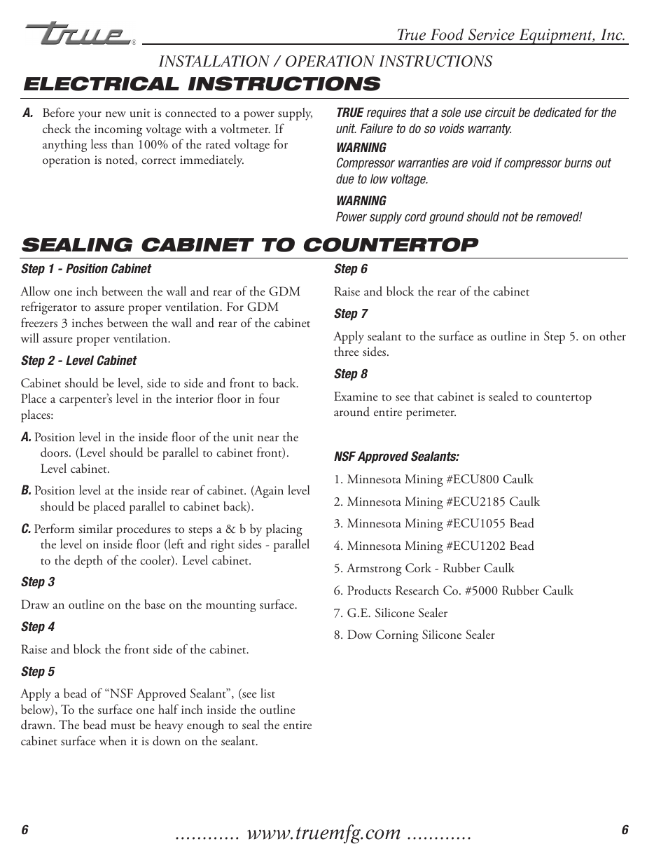 Electrical instructions, Sealing cabinet to countertop | True Manufacturing Company GDM-3 User Manual | Page 7 / 12