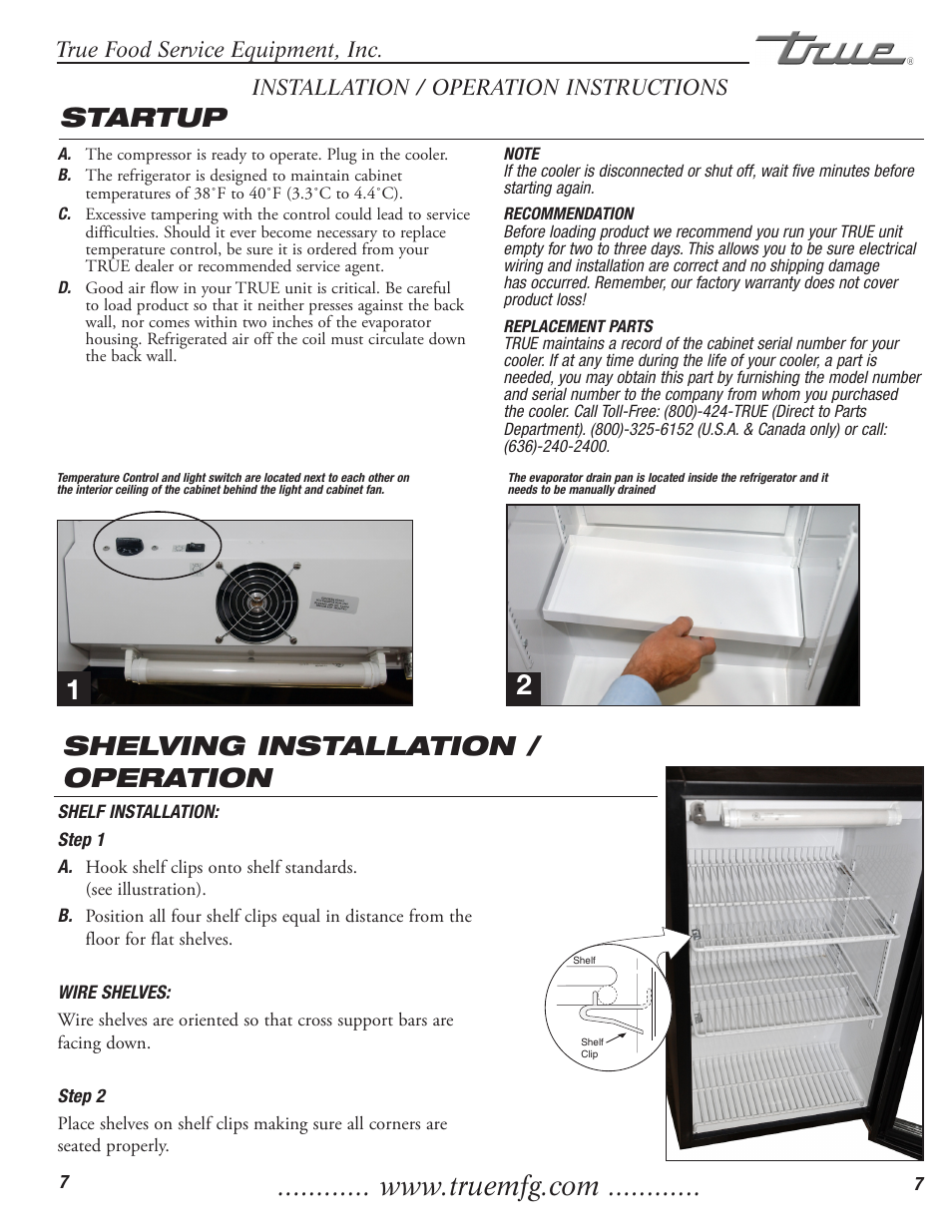 Startup, Shelving installation / operation | True Manufacturing Company GDM-3 User Manual | Page 8 / 12