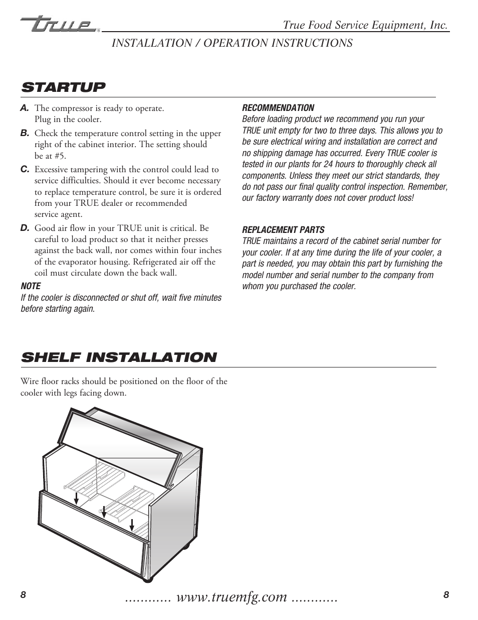 Startup, Shelf installation | True Manufacturing Company TMC-34-SS User Manual | Page 10 / 16