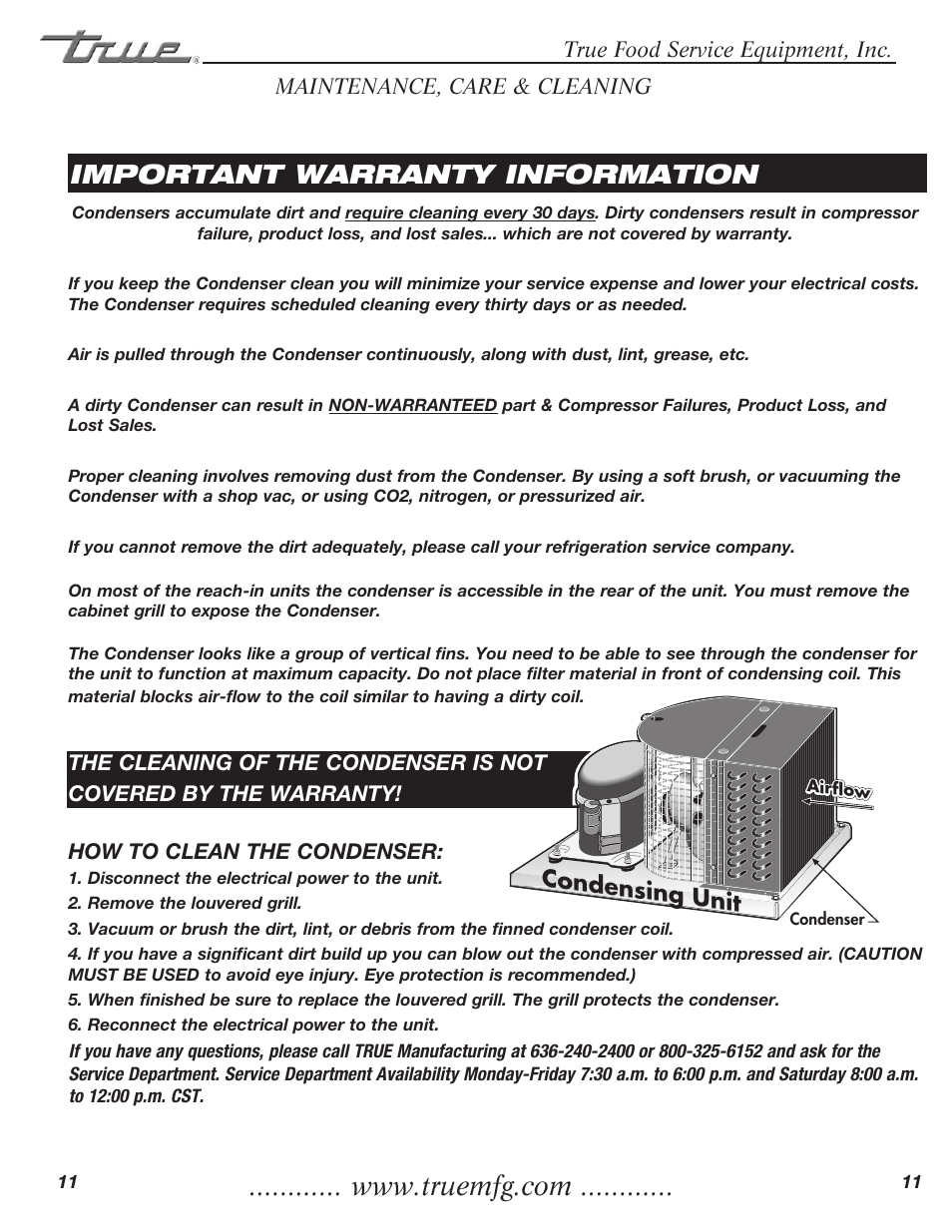 Important warranty information, Condensing unit | True Manufacturing Company TMC-34-SS User Manual | Page 13 / 16