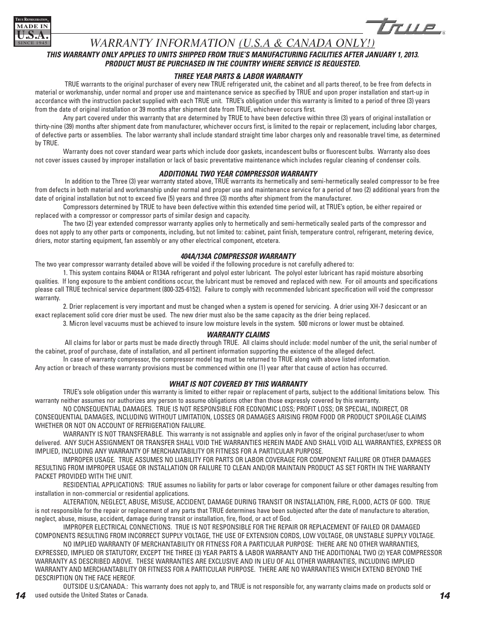 U.s.a, Warranty information (u.s.a & canada only!) | True Manufacturing Company TMC-34-SS User Manual | Page 16 / 16