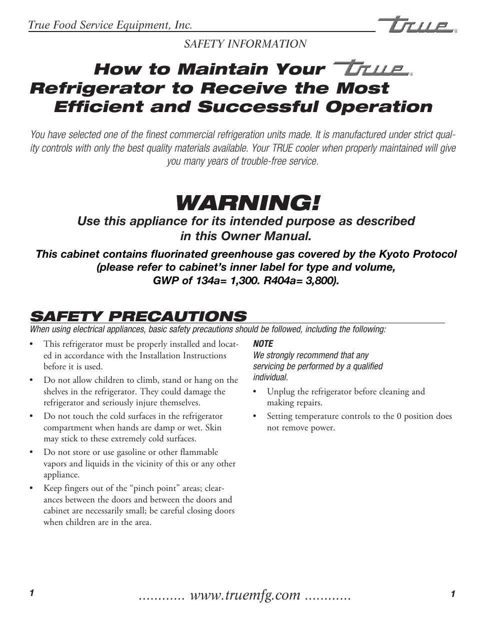 Warning, Safety precautions | True Manufacturing Company TMC-34-SS User Manual | Page 3 / 16