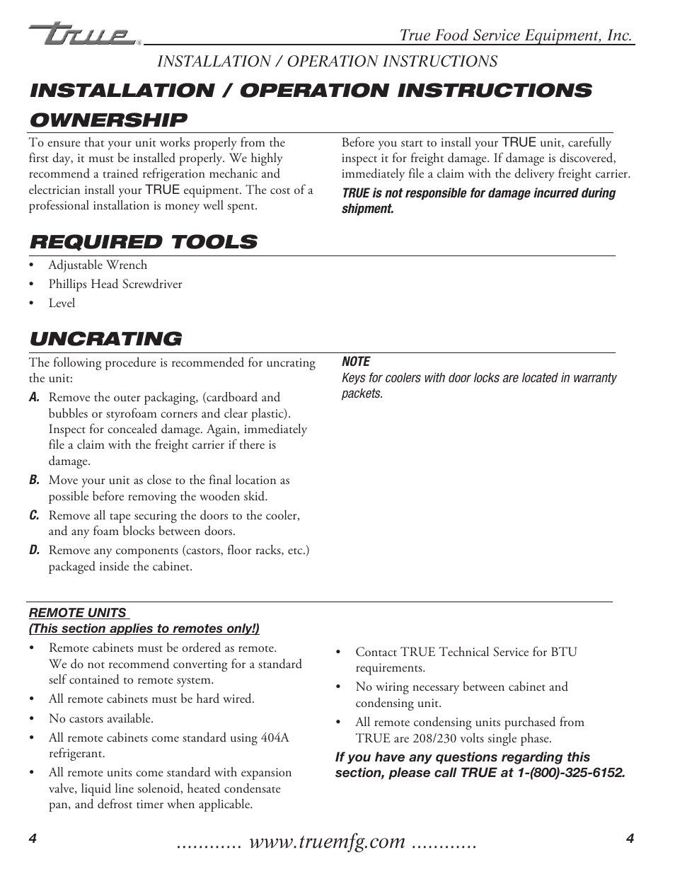 Ownership, Required tools, Uncrating installation / operation instructions | True Manufacturing Company TMC-34-SS User Manual | Page 6 / 16