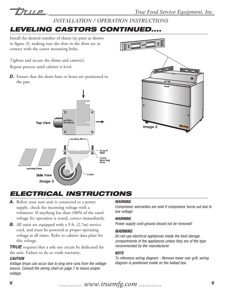 Electrical instructions leveling castors continued, True food service equipment, inc, Installation / operation instructions | True Manufacturing Company TMC-34-SS User Manual | Page 8 / 16