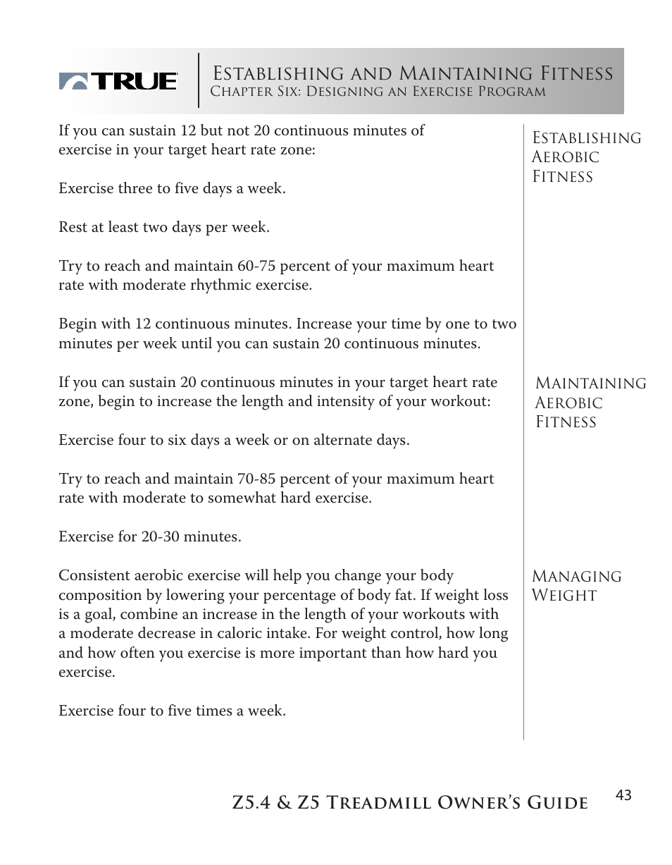 Your f.i.t. program continued, Establishing and maintaining fitness | True Manufacturing Company Z5.4 User Manual | Page 43 / 60