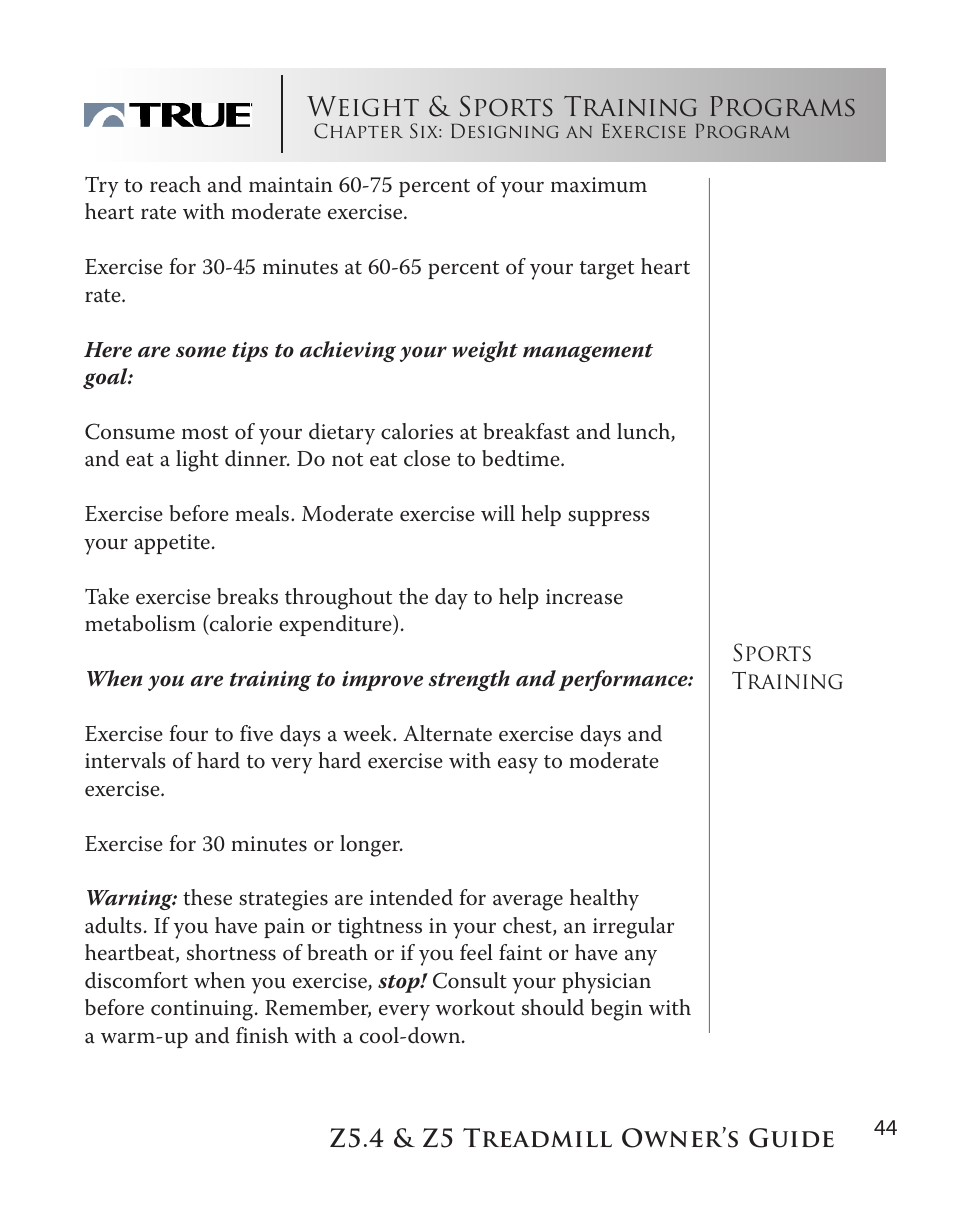 Weight & sports training programs | True Manufacturing Company Z5.4 User Manual | Page 44 / 60