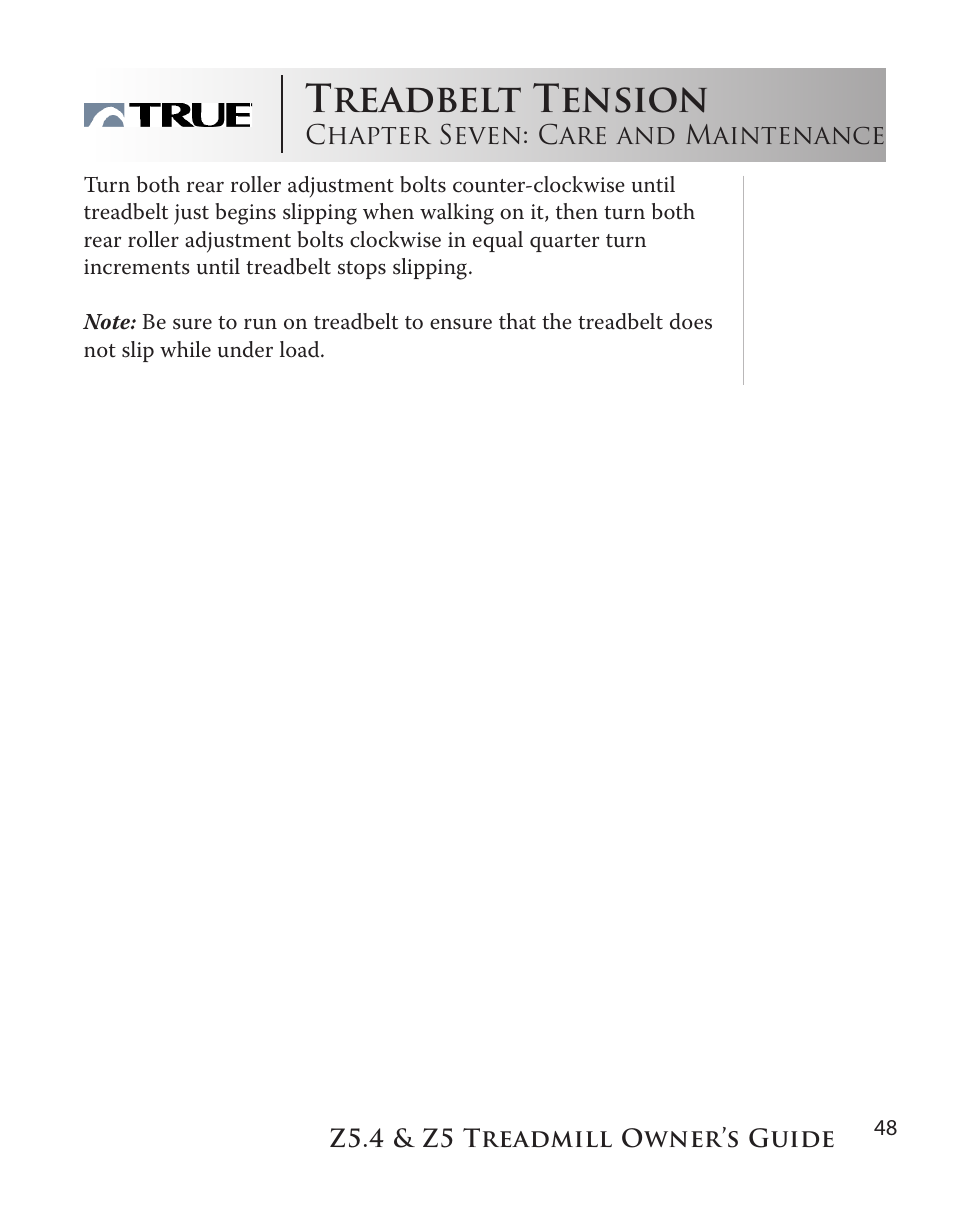 Treadbelt tension | True Manufacturing Company Z5.4 User Manual | Page 48 / 60