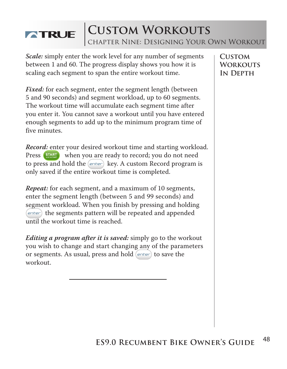 Custom workouts | True Manufacturing Company ES9.0 User Manual | Page 48 / 94