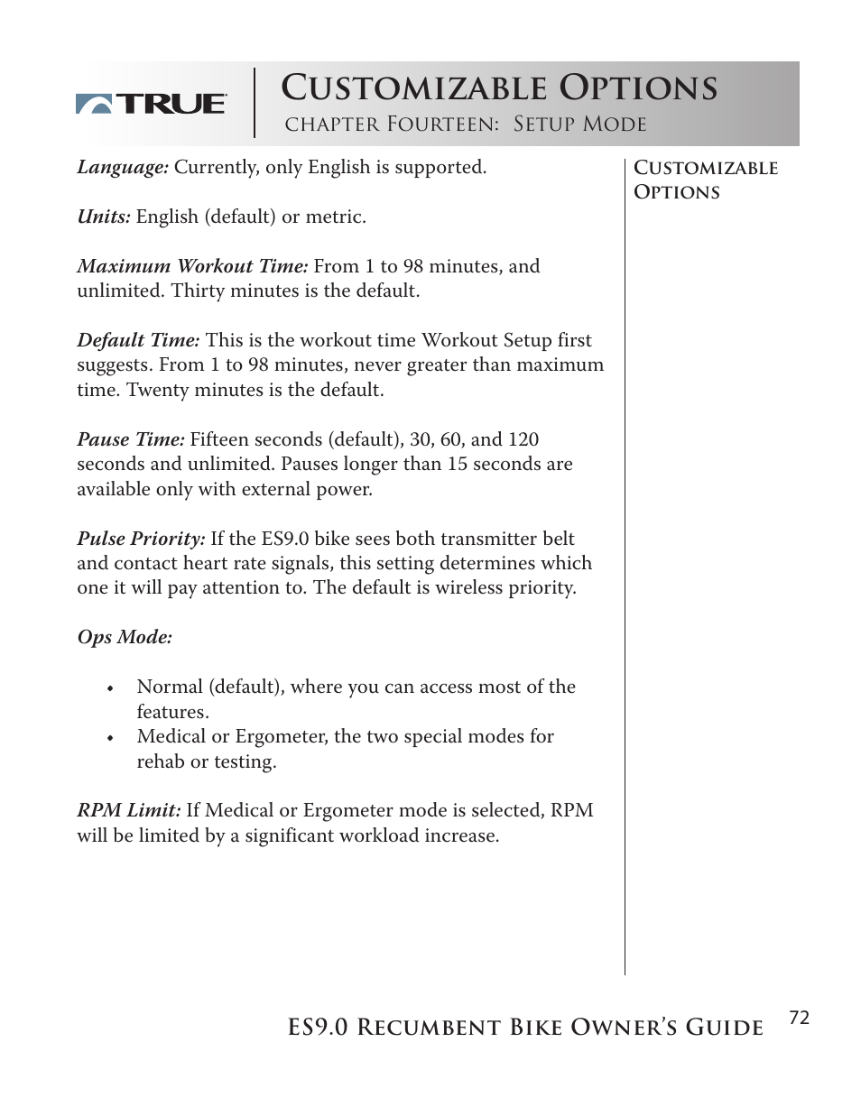 Customizable options | True Manufacturing Company ES9.0 User Manual | Page 72 / 94