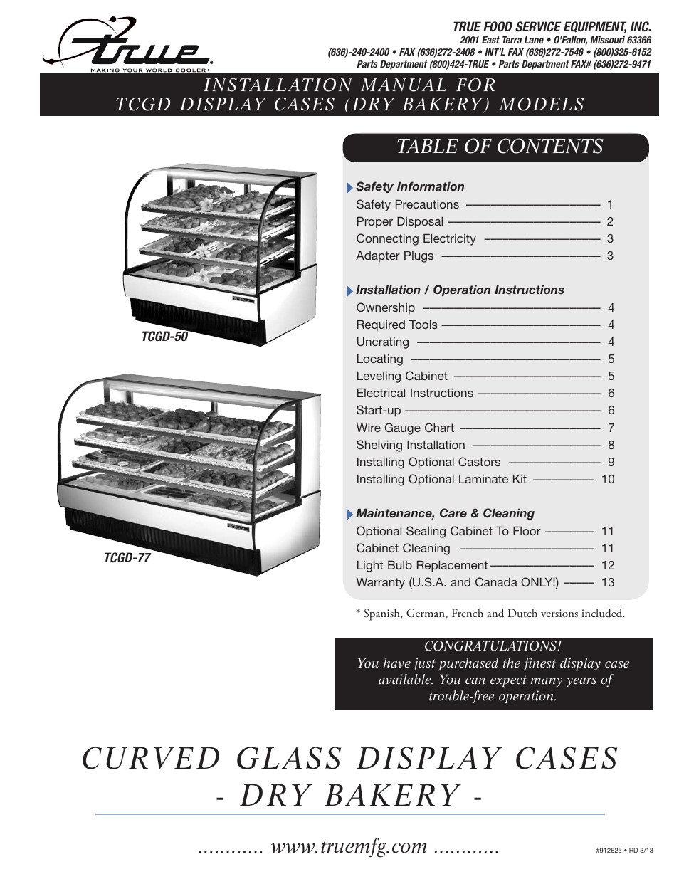 True Manufacturing Company TCGD-50 User Manual | 15 pages