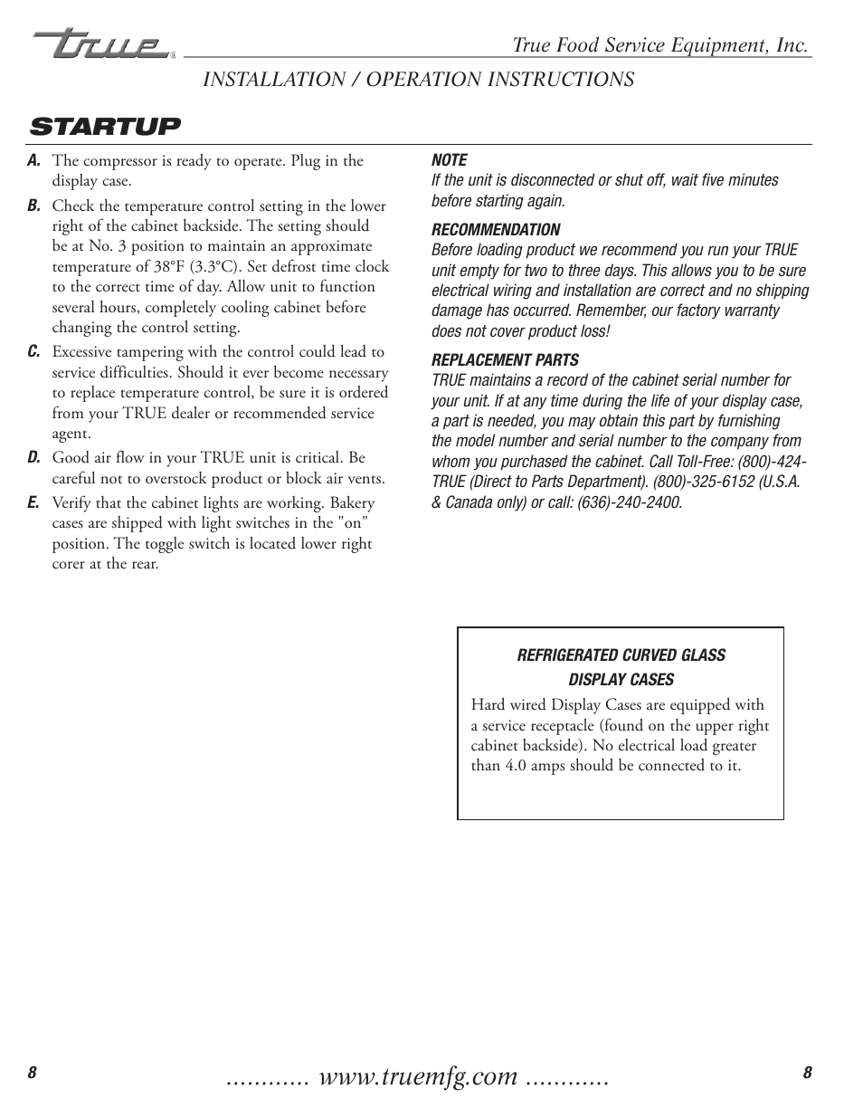 Startup | True Manufacturing Company TCGR-50 User Manual | Page 10 / 22