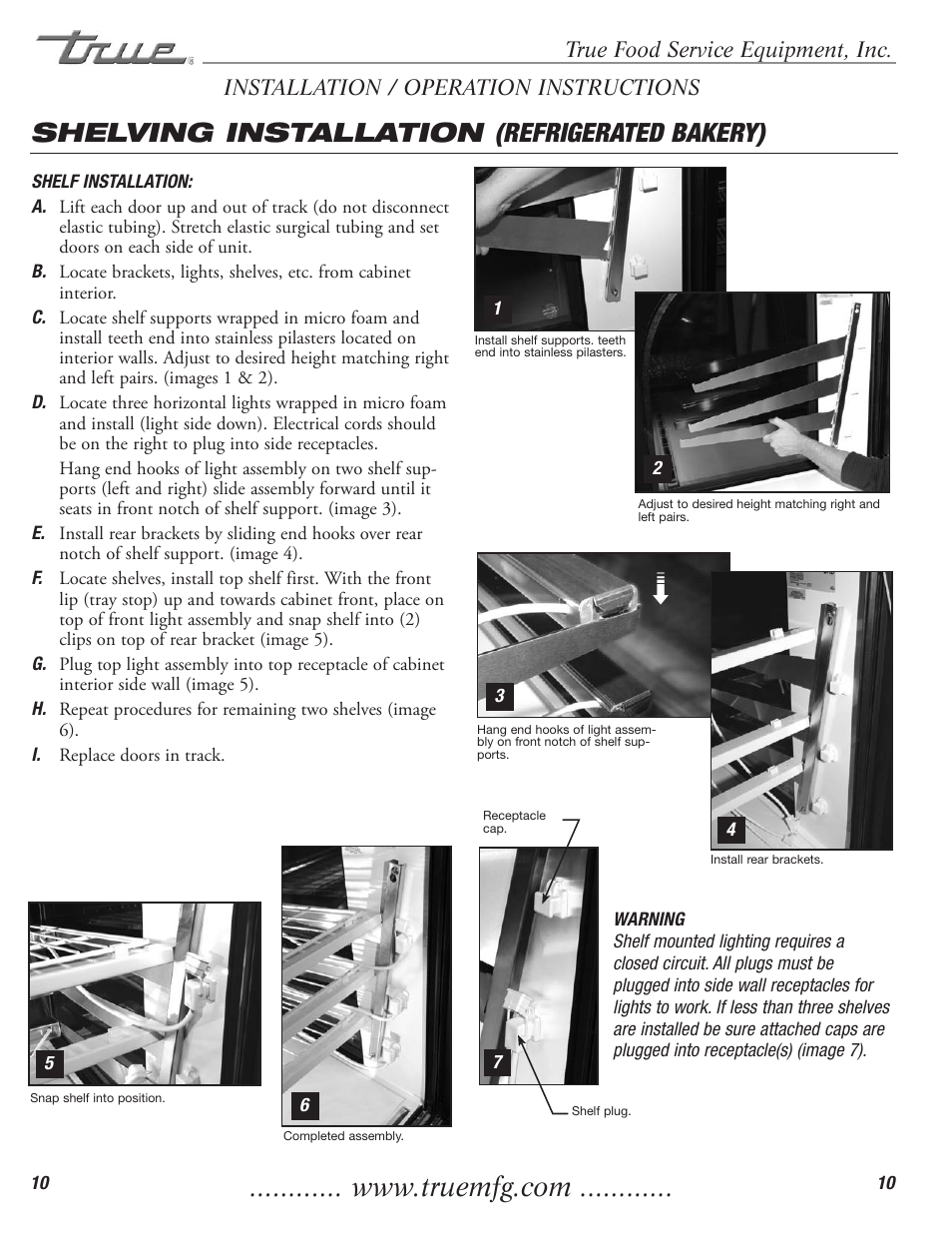 Shelving installation (refrigerated bakery), True food service equipment, inc, Installation / operation instructions | True Manufacturing Company TCGR-50 User Manual | Page 12 / 22