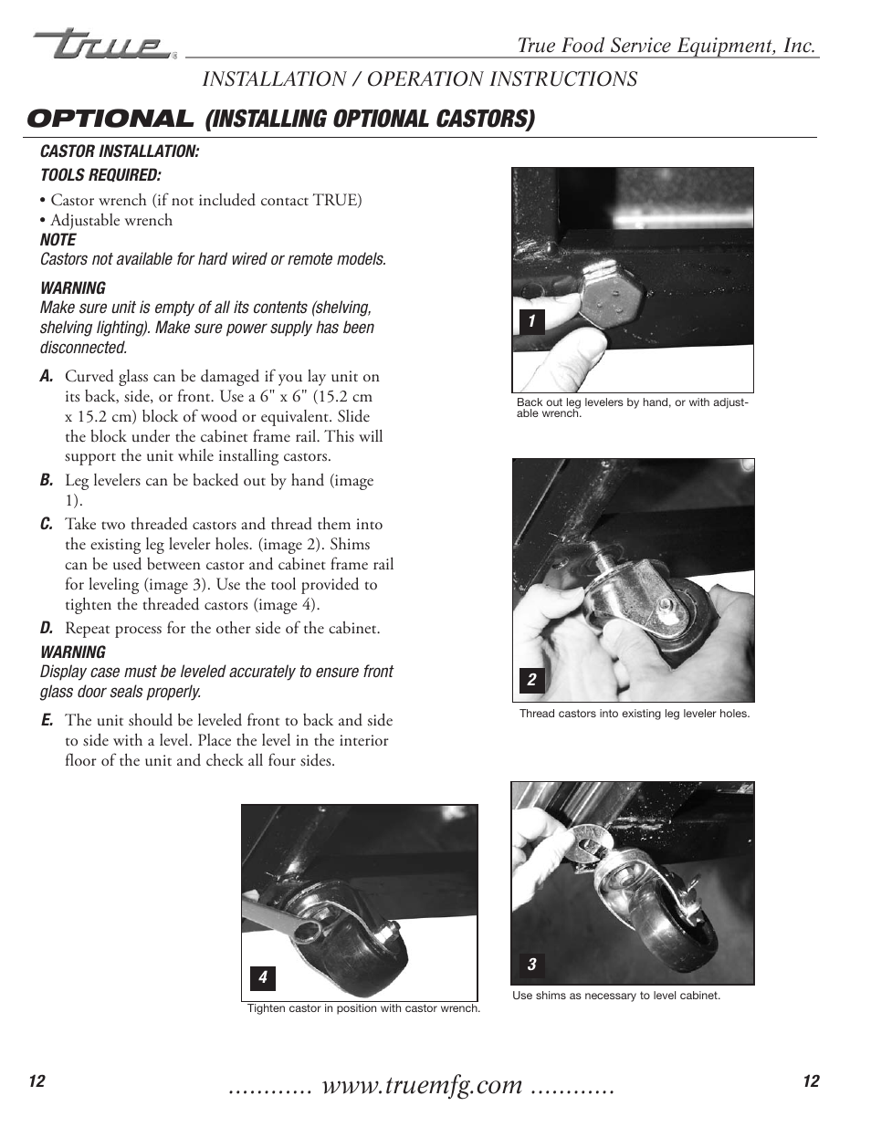 Optional (installing optional castors) | True Manufacturing Company TCGR-50 User Manual | Page 14 / 22