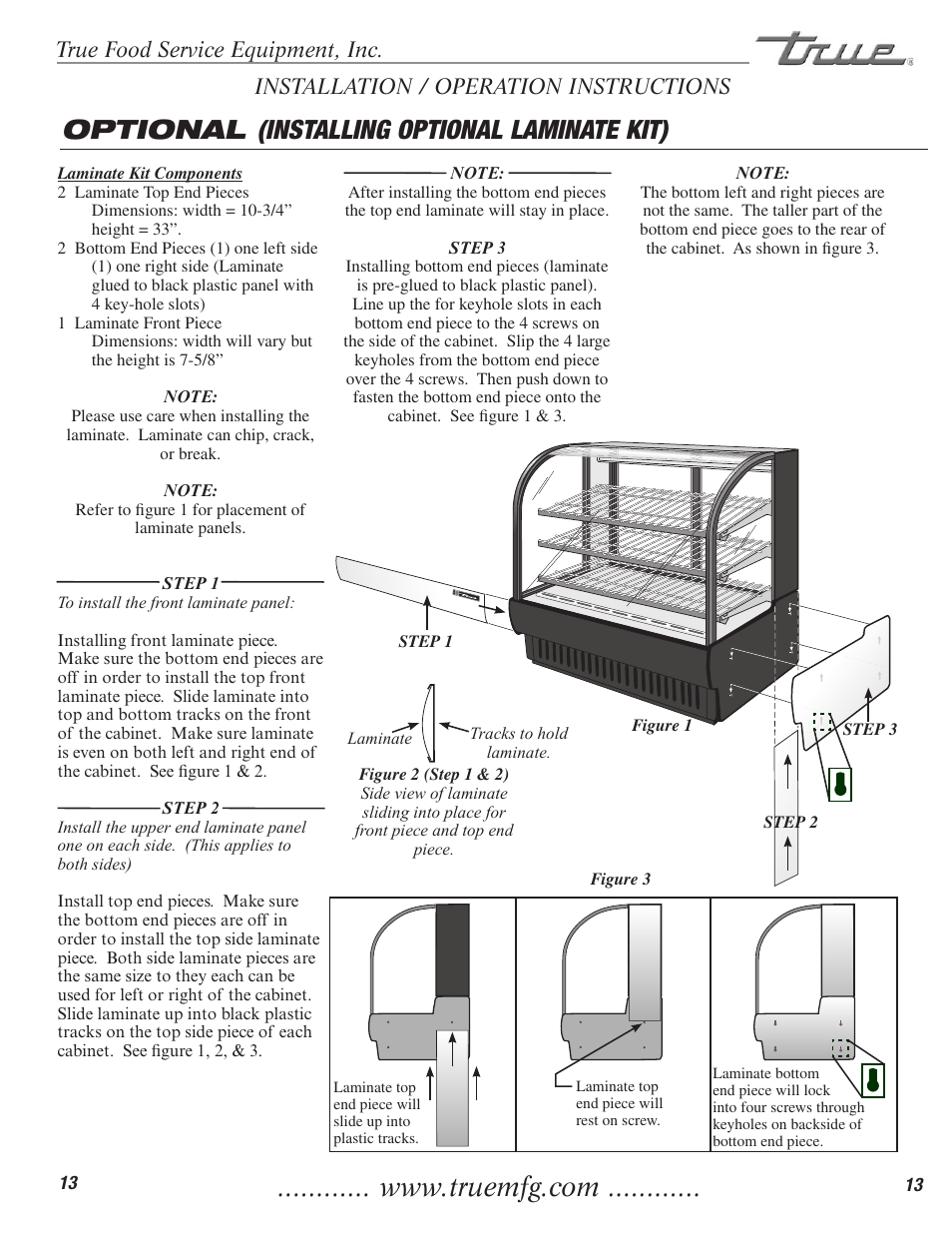Optional (installing optional laminate kit), True food service equipment, inc, Installation / operation instructions | True Manufacturing Company TCGR-50 User Manual | Page 15 / 22