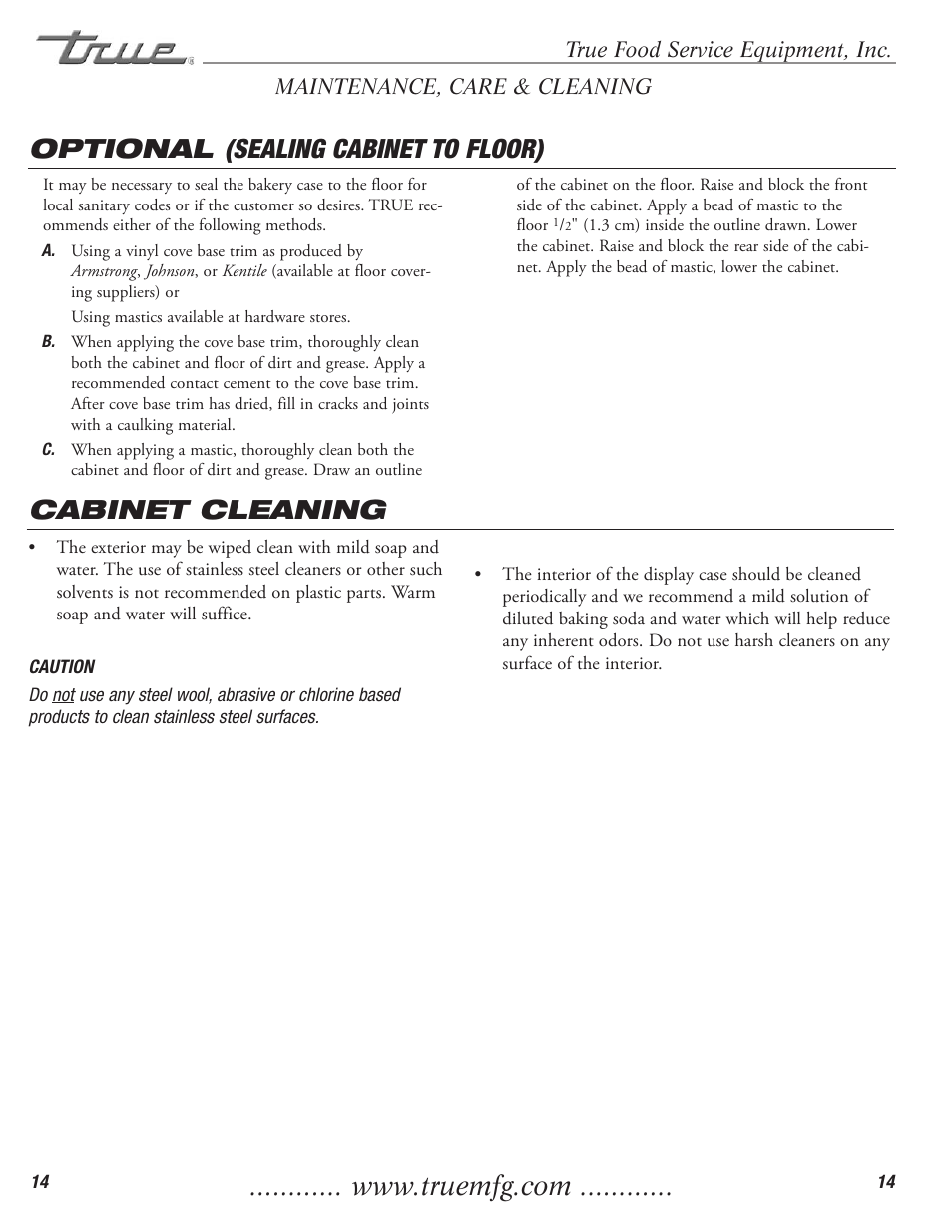 Cabinet cleaning, Optional (sealing cabinet to floor) | True Manufacturing Company TCGR-50 User Manual | Page 16 / 22