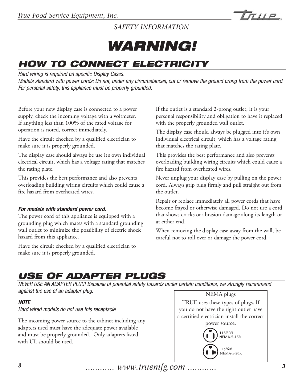 Warning, How to connect electricity, Use of adapter plugs | True Manufacturing Company TCGR-50 User Manual | Page 5 / 22
