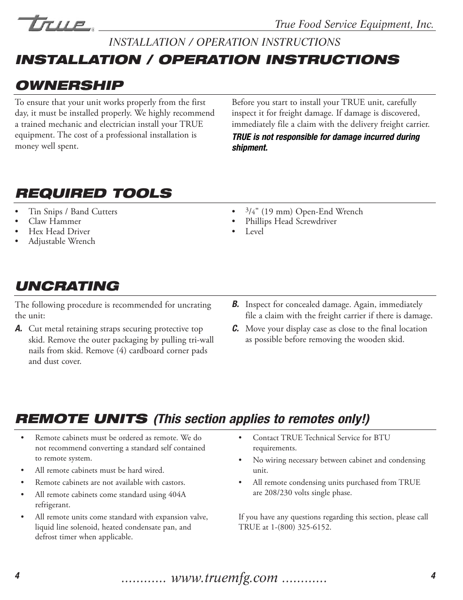 Ownership, Required tools, Uncrating installation / operation instructions | True Manufacturing Company TCGR-50 User Manual | Page 6 / 22