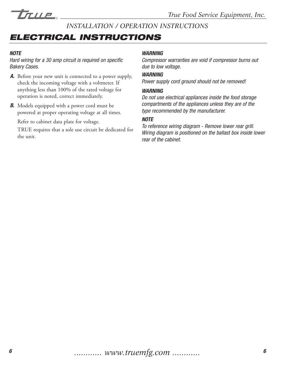 Electrical instructions | True Manufacturing Company TCGR-50 User Manual | Page 8 / 22