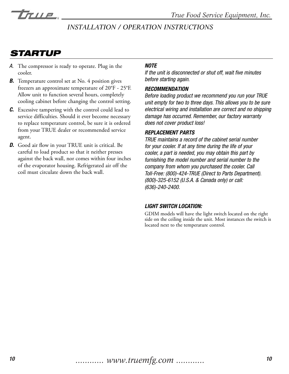 Startup | True Manufacturing Company GDIM-26 User Manual | Page 12 / 20