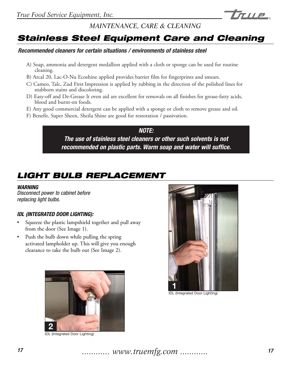 Light bulb replacement, Stainless steel equipment care and cleaning | True Manufacturing Company GDIM-26 User Manual | Page 19 / 20