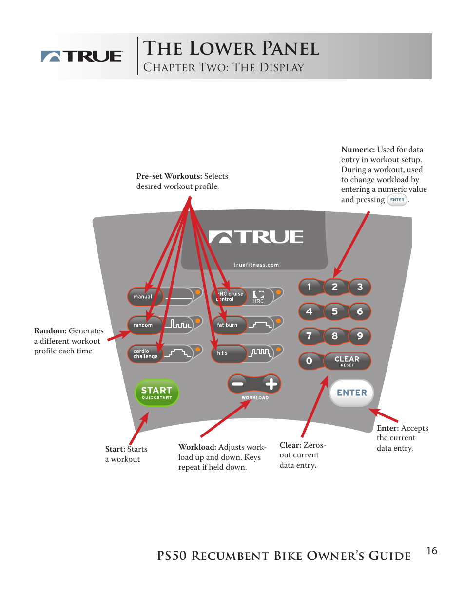 The lower panel, Ps50 recumbent bike owner’s guide, Chapter two: the display | True Manufacturing Company PS/50 User Manual | Page 16 / 39
