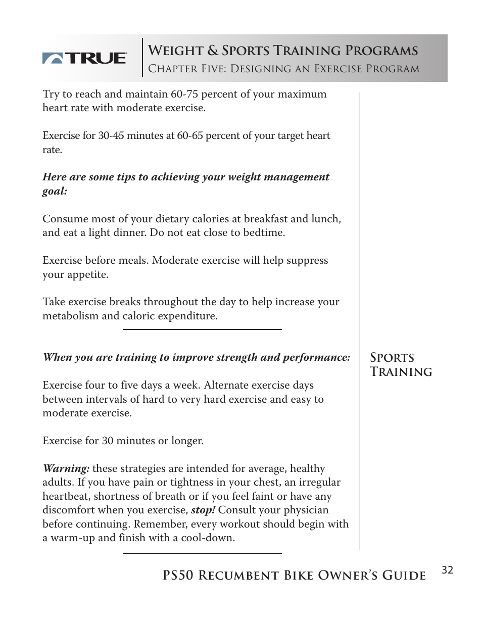 Weight & sports training programs | True Manufacturing Company PS/50 User Manual | Page 32 / 39