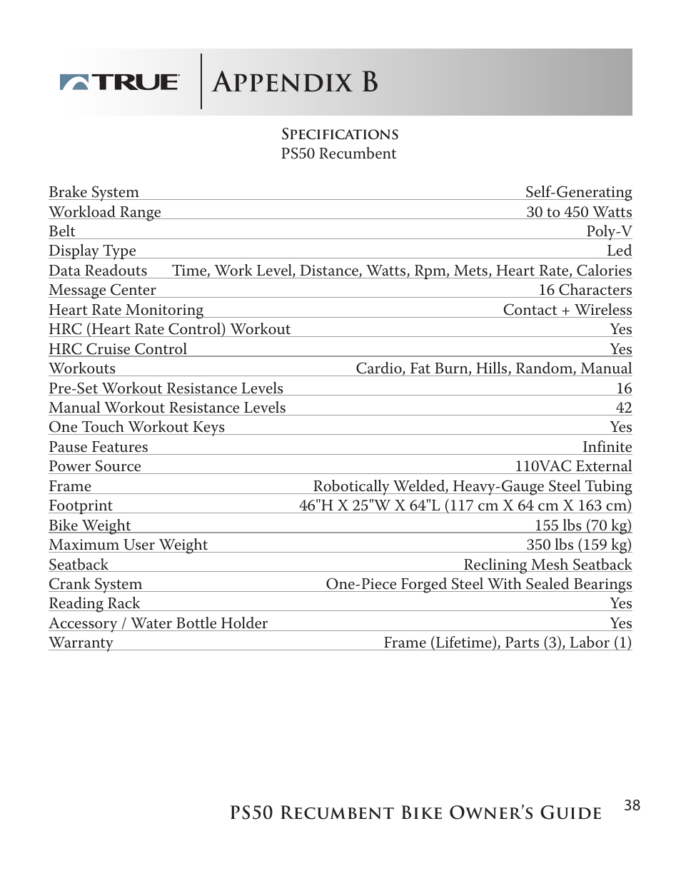 Appendix b | True Manufacturing Company PS/50 User Manual | Page 38 / 39