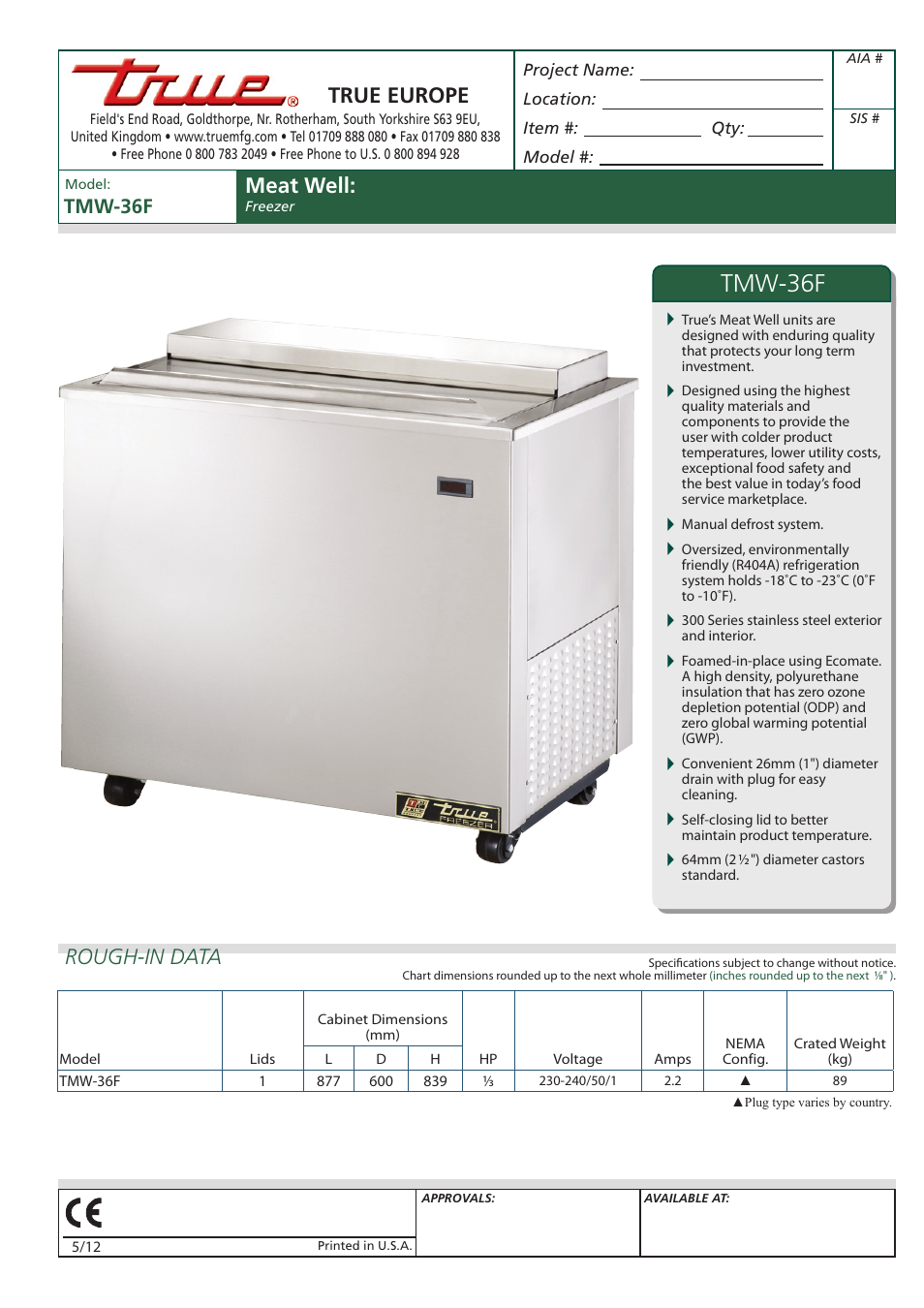 True Manufacturing Company Freezer TMW-36F User Manual | 2 pages