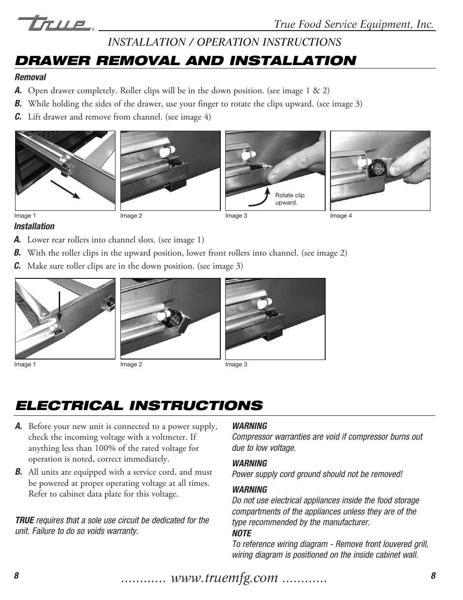 Electrical instructions, Drawer removal and installation | True Manufacturing Company True Food Prep TFP-32-12M-D-2 User Manual | Page 10 / 17