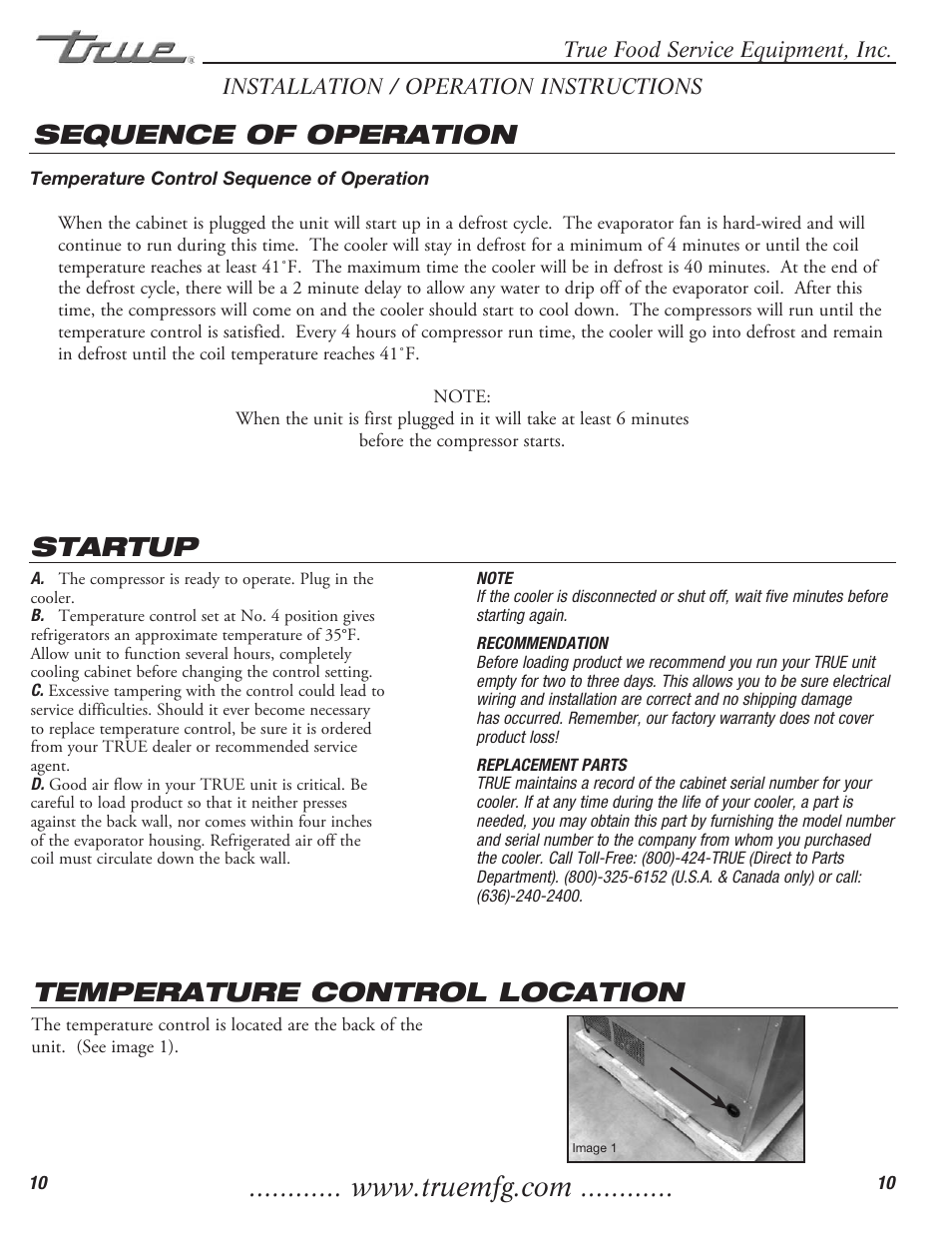 Temperature control location, Sequence of operation, Startup | True Manufacturing Company True Food Prep TFP-32-12M-D-2 User Manual | Page 12 / 17