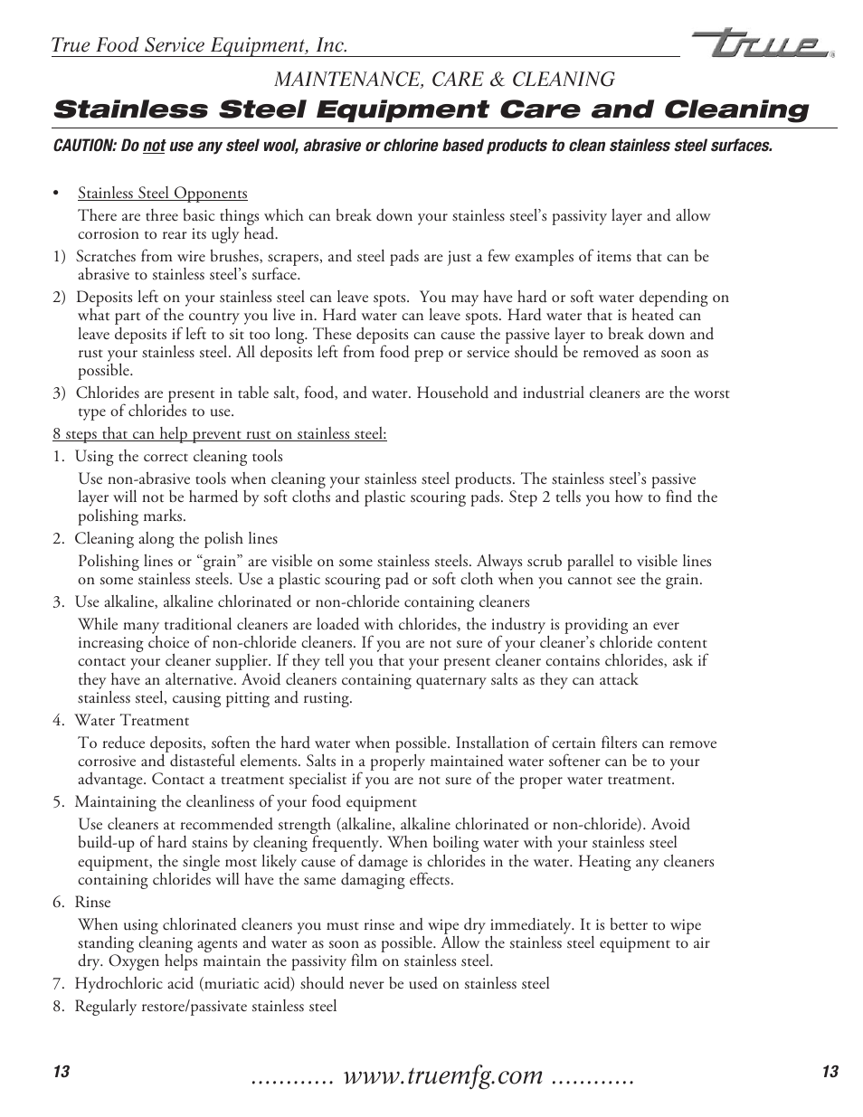 Stainless steel equipment care and cleaning | True Manufacturing Company True Food Prep TFP-32-12M-D-2 User Manual | Page 15 / 17
