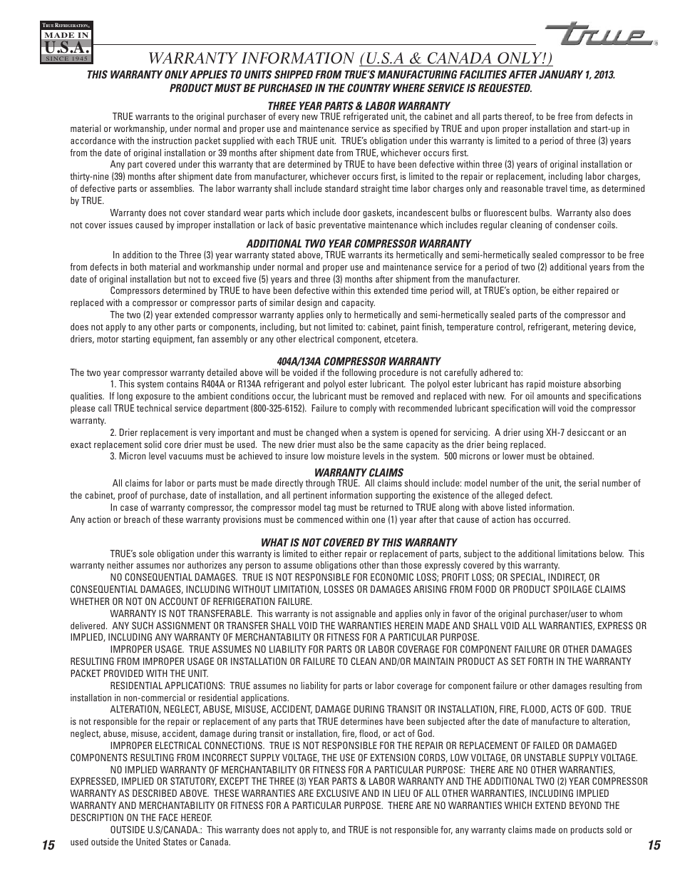 U.s.a, Warranty information (u.s.a & canada only!) | True Manufacturing Company True Food Prep TFP-32-12M-D-2 User Manual | Page 17 / 17