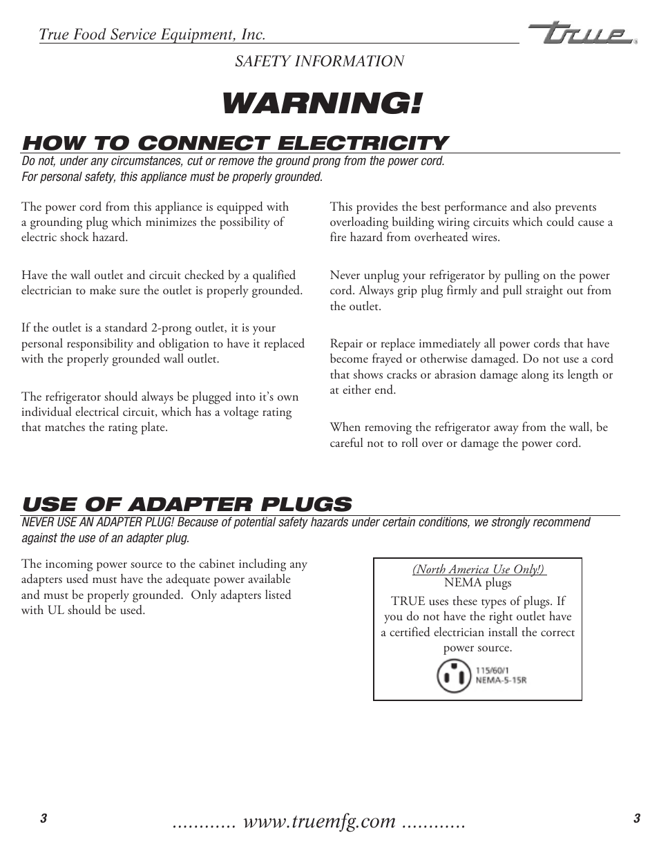 Warning, How to connect electricity, Use of adapter plugs | True Manufacturing Company True Food Prep TFP-32-12M-D-2 User Manual | Page 5 / 17