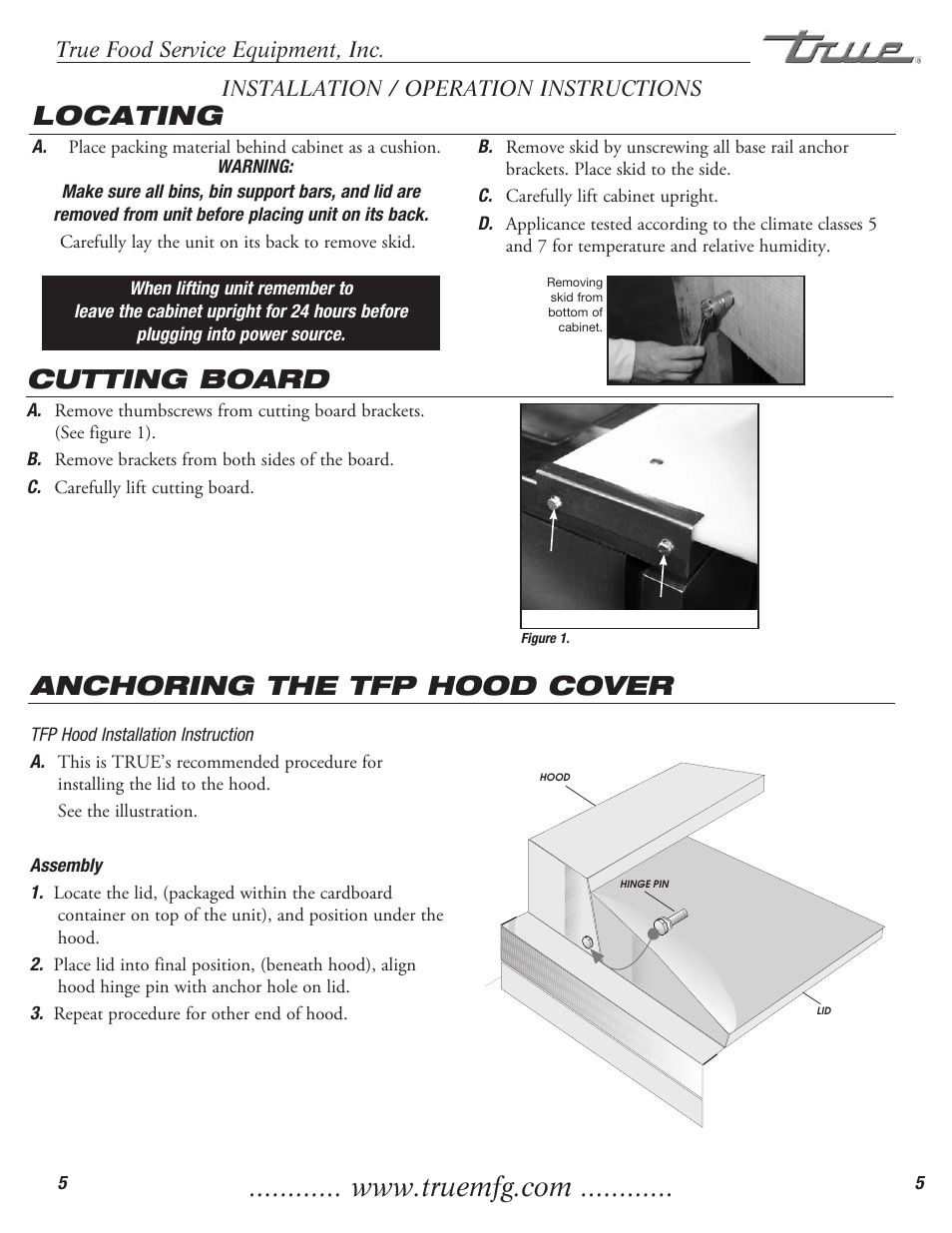 Locating, Cutting board, Anchoring the tfp hood cover | True food service equipment, inc, Installation / operation instructions | True Manufacturing Company True Food Prep TFP-32-12M-D-2 User Manual | Page 7 / 17