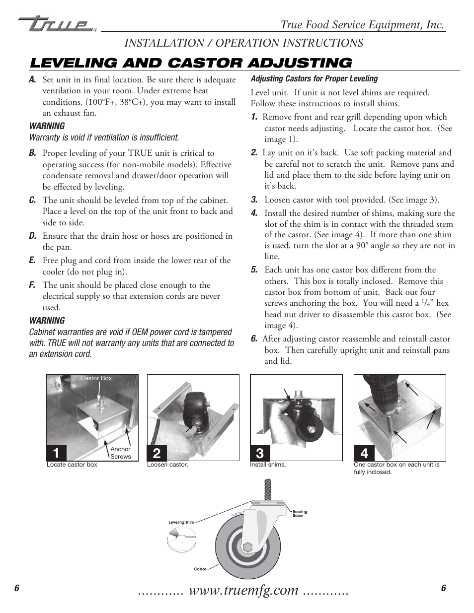 Leveling and castor adjusting | True Manufacturing Company True Food Prep TFP-32-12M-D-2 User Manual | Page 8 / 17