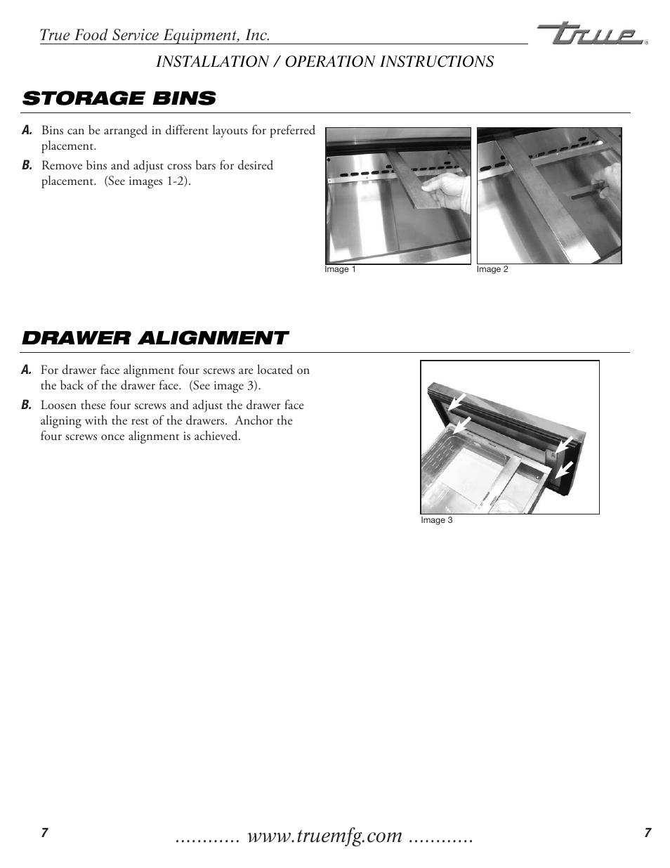 Storage bins, Drawer alignment | True Manufacturing Company True Food Prep TFP-32-12M-D-2 User Manual | Page 9 / 17