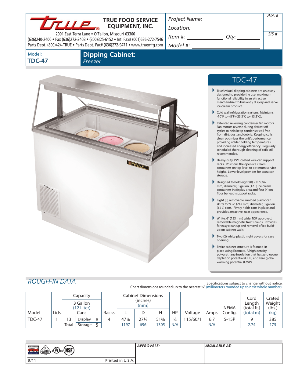 True Manufacturing Company Dipping Cabinet: Freezer TDC-47 User Manual | 2 pages