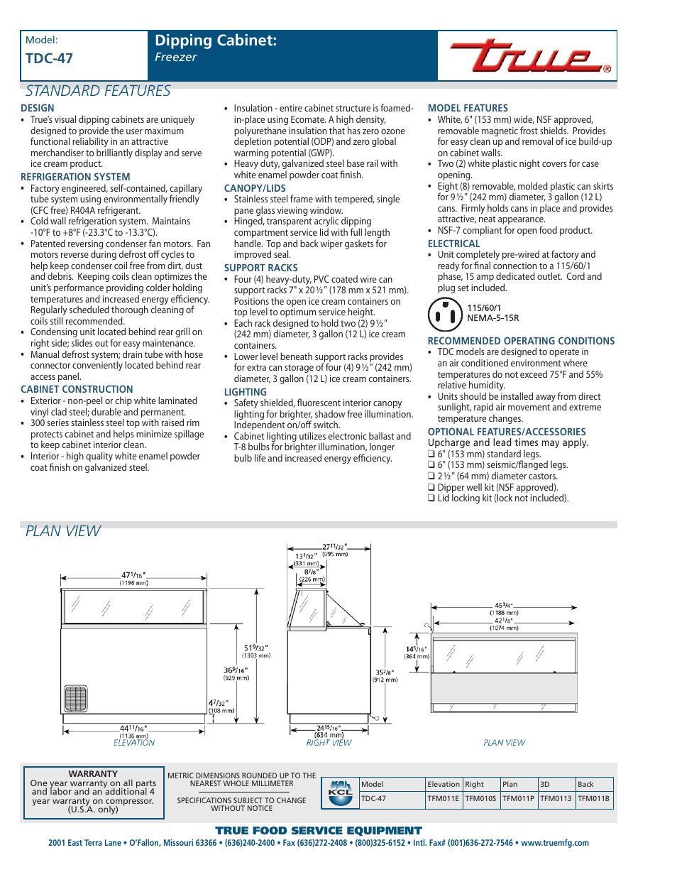 Standard features, Plan view, Dipping cabinet | Tdc-47 | True Manufacturing Company Dipping Cabinet: Freezer TDC-47 User Manual | Page 2 / 2