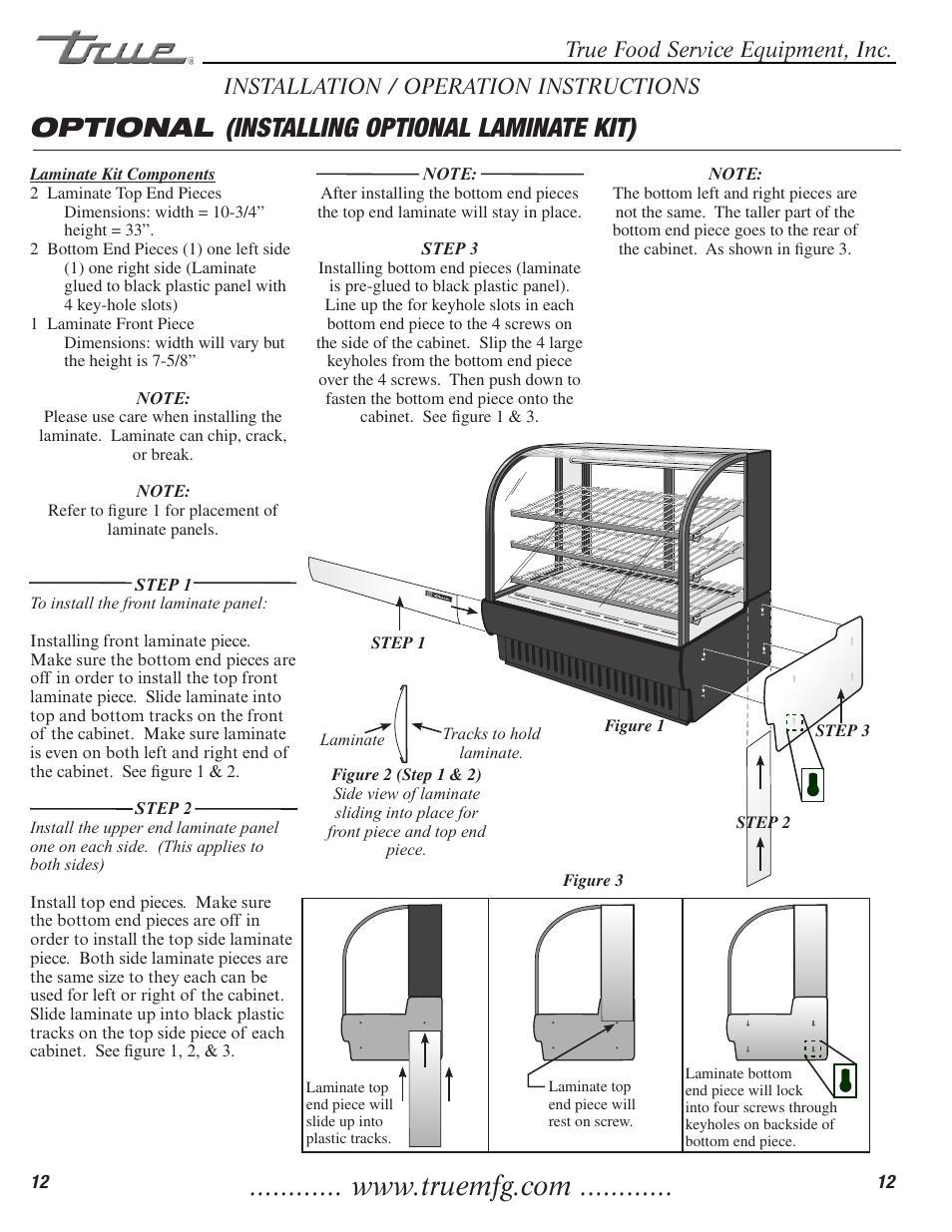 Optional (installing optional laminate kit), True food service equipment, inc, Installation / operation instructions | True Manufacturing Company TCGDZ-50 User Manual | Page 14 / 21