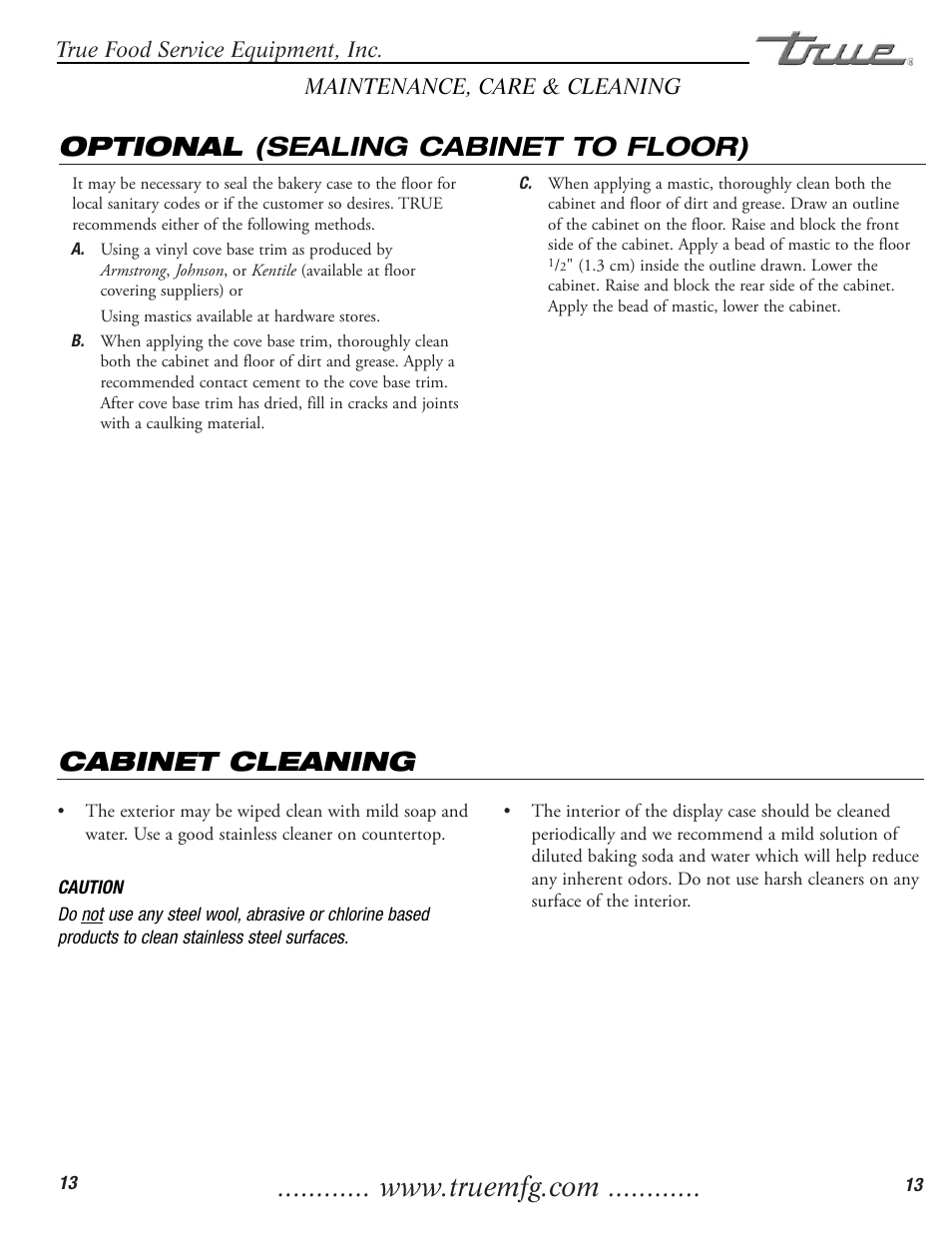 Cabinet cleaning, Optional (sealing cabinet to floor) | True Manufacturing Company TCGDZ-50 User Manual | Page 15 / 21