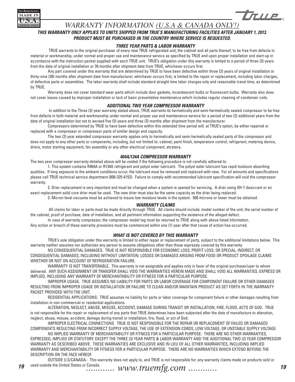 U.s.a, Warranty information (u.s.a & canada only!) | True Manufacturing Company TCGDZ-50 User Manual | Page 21 / 21