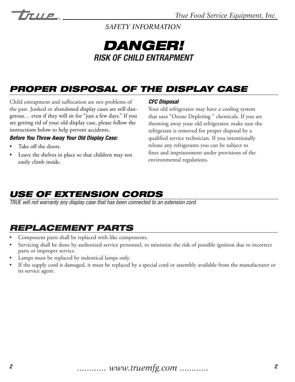 Danger, Risk of child entrapment, Proper disposal of the display case | Use of extension cords, Replacement parts | True Manufacturing Company TCGDZ-50 User Manual | Page 4 / 21