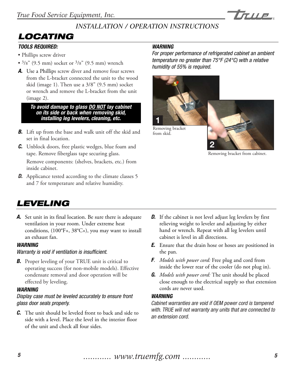 Locating, Leveling | True Manufacturing Company TCGDZ-50 User Manual | Page 7 / 21