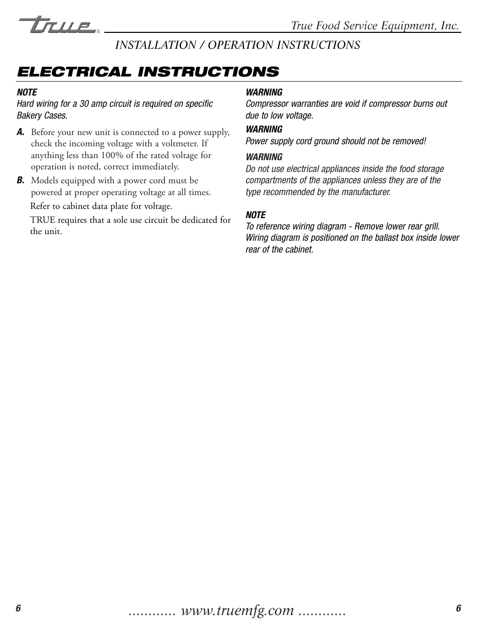 Electrical instructions | True Manufacturing Company TCGDZ-50 User Manual | Page 8 / 21