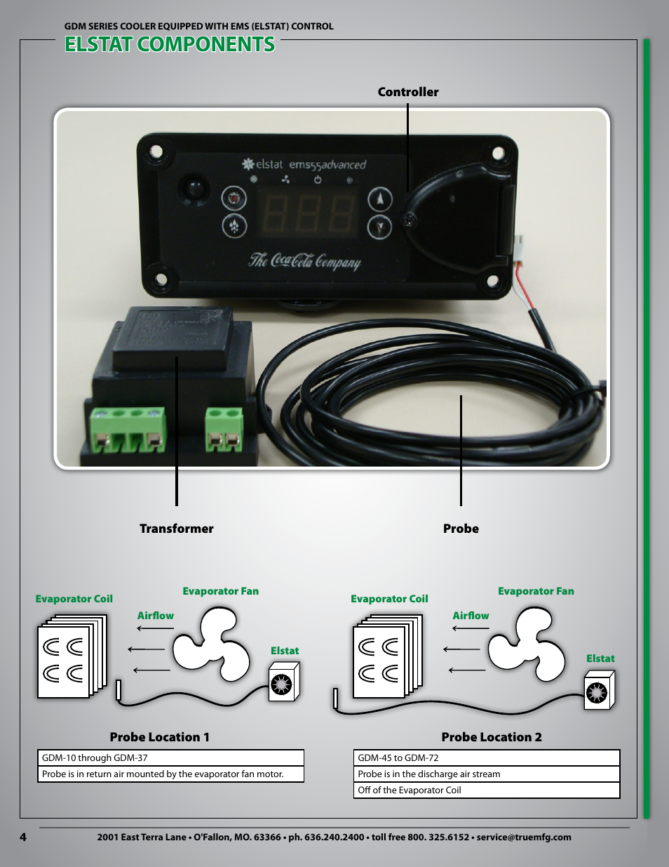 Elstat components, Probe location 1, Probe transformer controller | Probe location 2, Evaporator coil evaporator fan elstat airflow, Evaporator coil evaporator fan elstat airflow 4 | True Manufacturing Company Swing Glass Door Merchandiser Refrigerator GDM-26 User Manual | Page 4 / 10