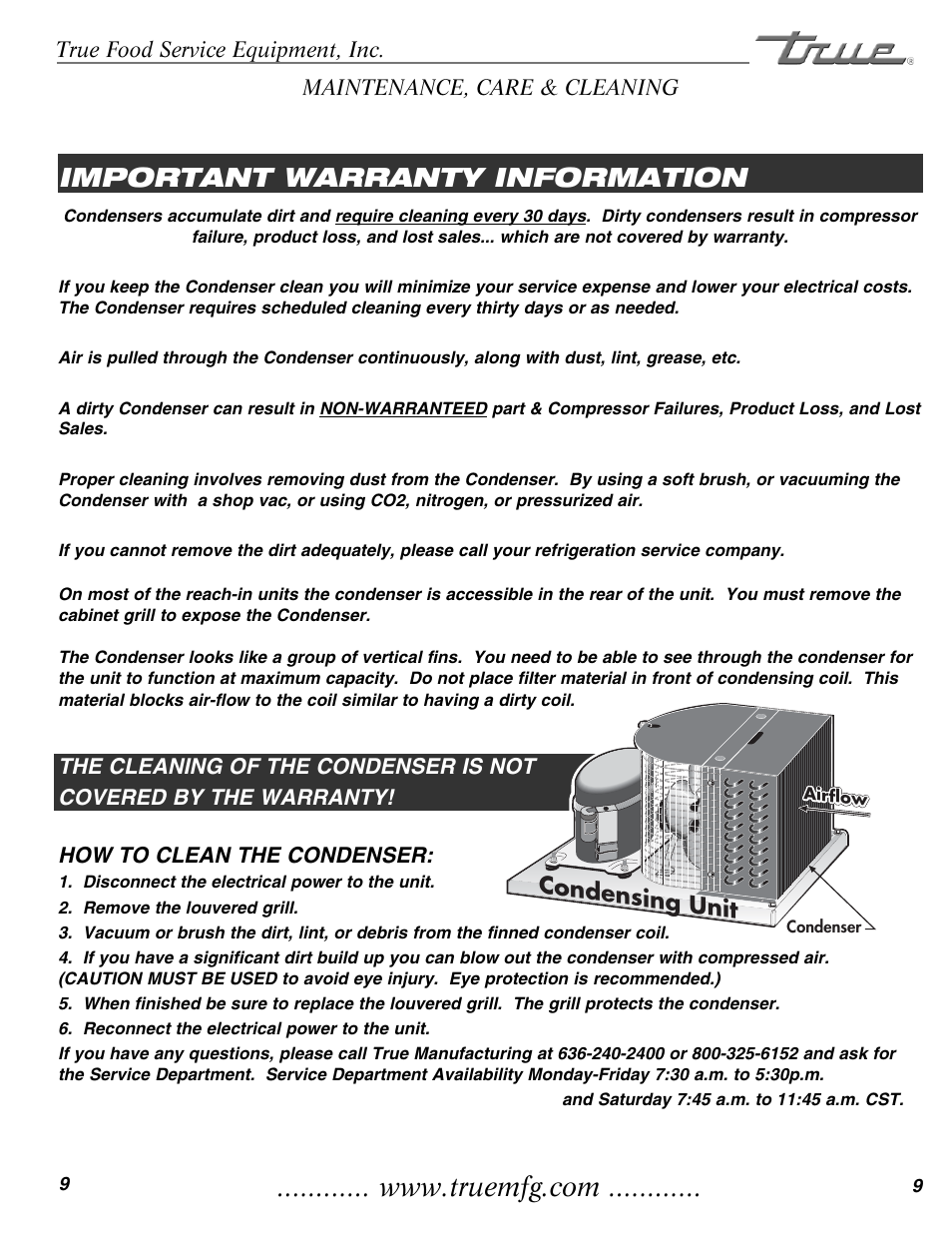 Important warranty information, Condensing unit | True Manufacturing Company THF-41FL User Manual | Page 11 / 14