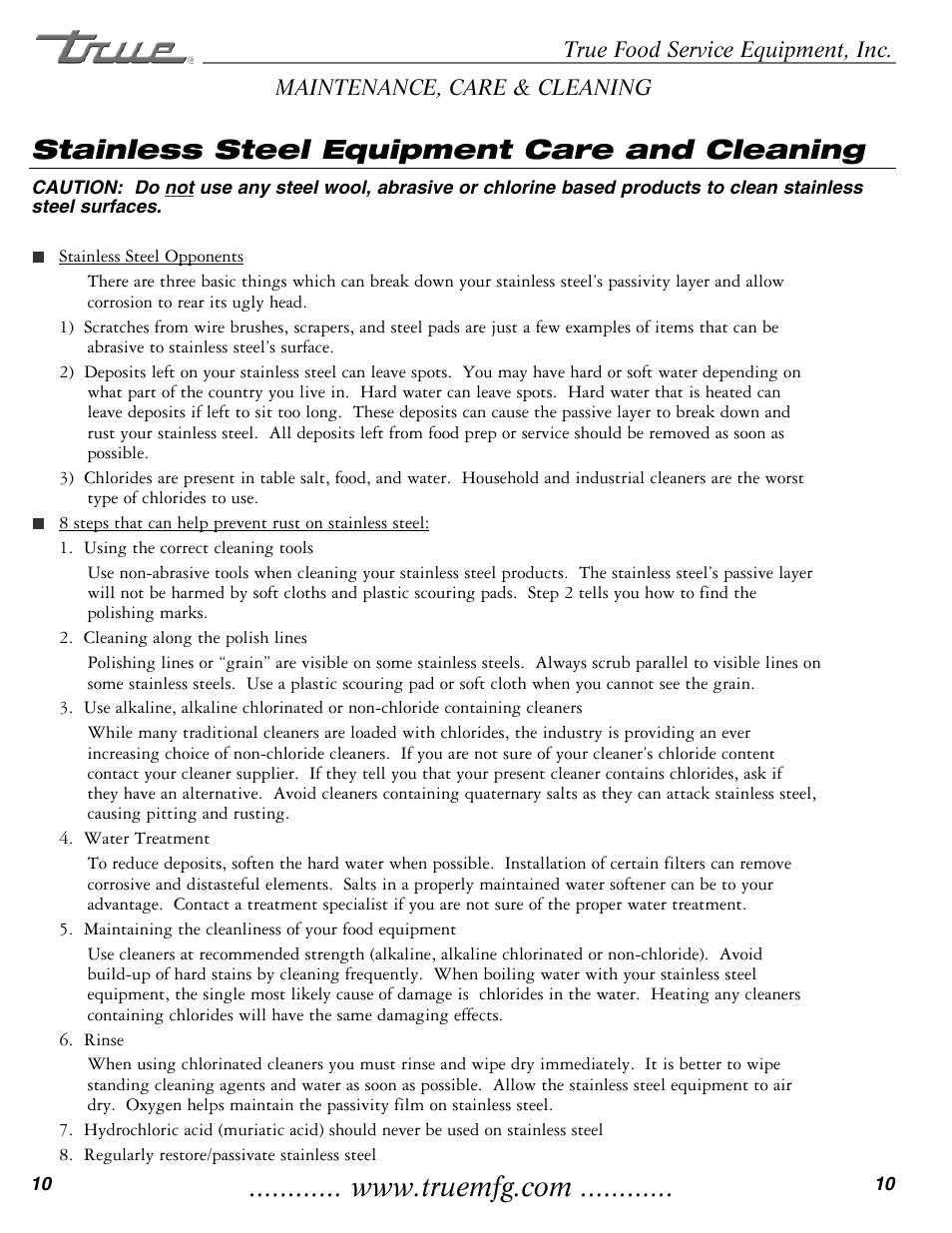 Stainless steel equipment care and cleaning | True Manufacturing Company THF-41FL User Manual | Page 12 / 14