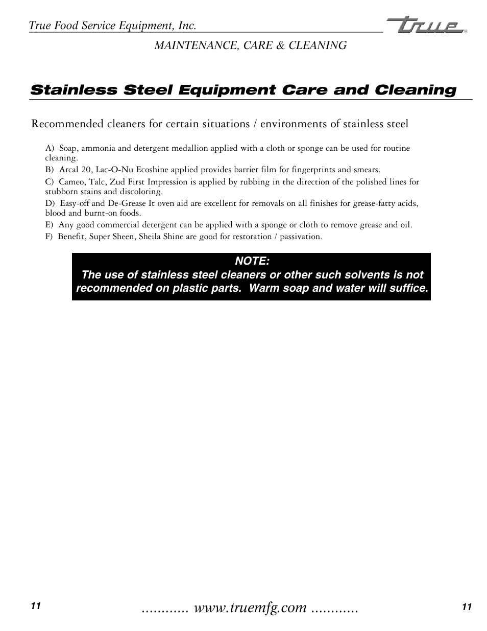 Stainless steel equipment care and cleaning | True Manufacturing Company THF-41FL User Manual | Page 13 / 14